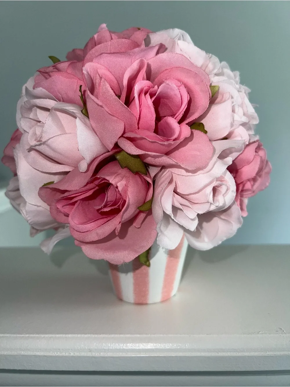 Pink Faux Rose Floral Arrangement in Striped Pot – Cottagecore Decor